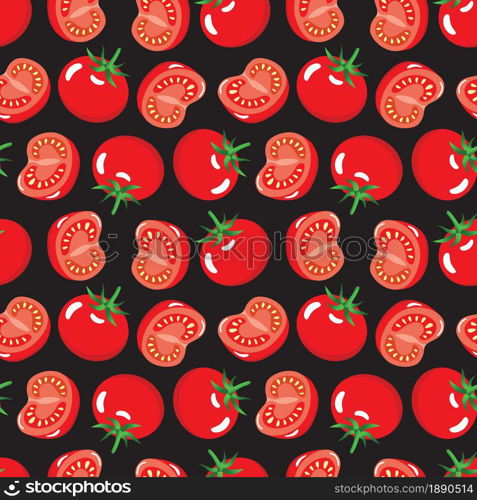 Tomato fruit whole and half slice on black background seamless pattern. Vector illustration.