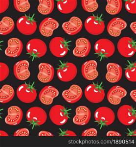 Tomato fruit whole and half slice on black background seamless pattern. Vector illustration.