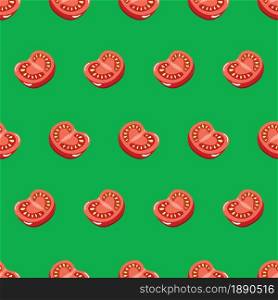 Tomato fruit whole and half slice on green background seamless pattern. Vector illustration.