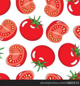 Tomato fruit whole and half slices on white background seamless pattern. Vector illustration.