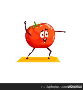 Tomato healthy vegetable cartoon character doing sport exercises isolated sportive emoticon on fitness yoga pilates. Vector red happy tomato veggie on mat or rug, food healthy lifestyle vitamin. Red tomato cartoon character fitness yoga stretch