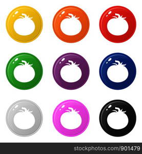 Tomato icons set 9 colors isolated on white. Collection of glossy round colorful buttons. Vector illustration for any design.