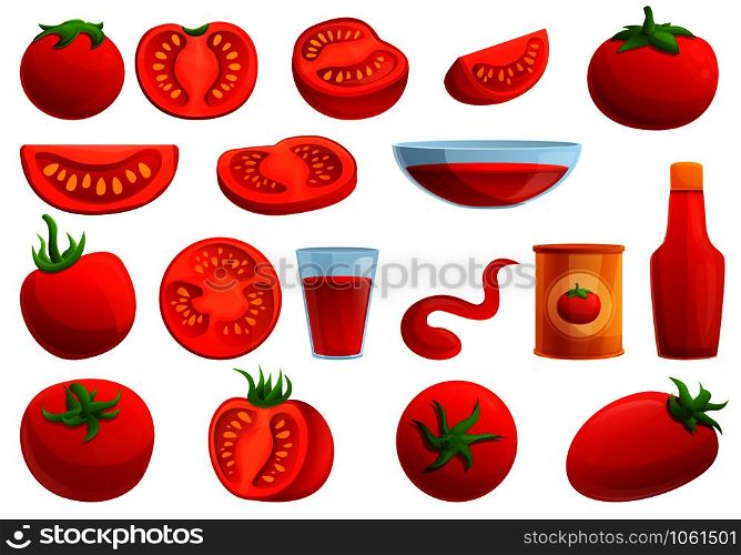 Tomato icons set. Cartoon set of tomato vector icons for web design. Tomato icons set, cartoon style