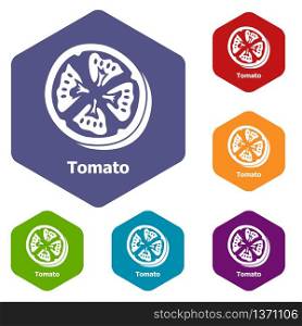 Tomato icons vector colorful hexahedron set collection isolated on white. Tomato icons vector hexahedron