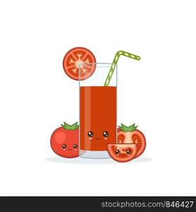 tomato juice. Cute kawai smiling cartoon juice with slices in a glass with juice straw.