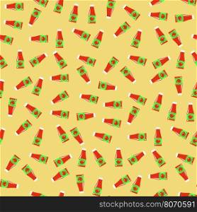Tomato Ketchup Seamless Pattern. Tomato Ketchup Seamless Pattern on Yellow. Seasoning for Meat Dishes.