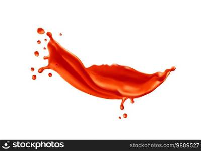 Tomato ketchup swirl splash. Red paint, sauce or tomato juice wave 3d ripples, beverage spill with frozen splatters motion, ketchup or juicy drink realistic isolated vector flow splash. Ketchup tomato sauce, red paint realistic splash