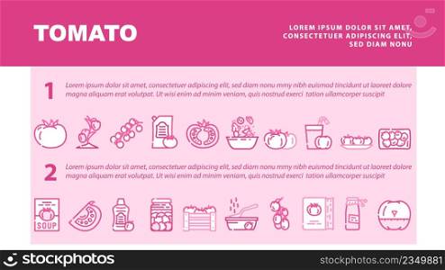 Tomato Natural Bio Ingredient Landing Web Page Header Banner Template Vector. Tomato Vitamin Vegetable For Prepare Salad And Fresh Juice, Receipt Book For Cooking Delicious Dish And Drink Illustration. Tomato Natural Bio Ingredient Landing Header Vector