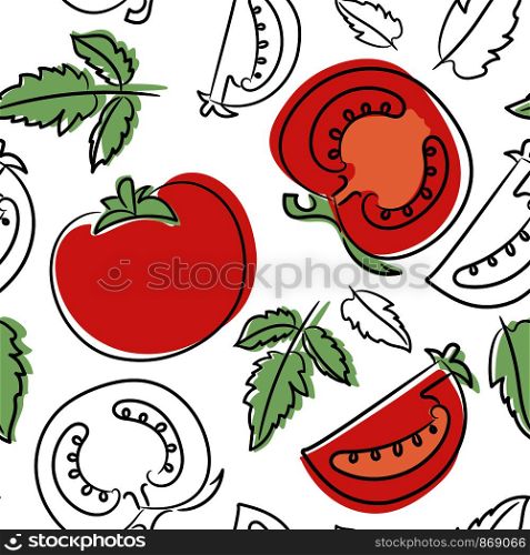 Tomato seamless pattern. Hand drawn fresh vegetables. Vector sketch background. Doodle wallpaper. Red and green print