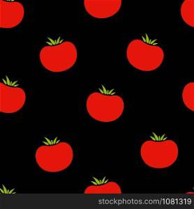 Tomato seamless vegetable pattern vector flat illustration. Natural food pattern design with red tomato vegetable seamless texture on black color for wrapping paper or autumn celebration card.. Red tomato seamless vegetable black pattern