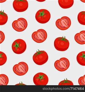 Tomato vegetables seamless pattern on white background, Fresh whole tomatoes and half cut, vector illustration