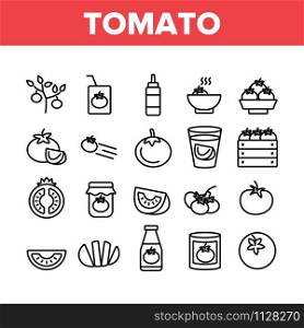 Tomato Vegetarian Food Collection Icons Set Vector Thin Line. Tomato Ketchup And Juice In Glass, Vegetable Sliced Piece And Tree Concept Linear Pictograms. Monochrome Contour Illustrations. Tomato Vegetarian Food Collection Icons Set Vector