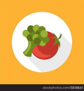 Tomato with broccoli icon in flat design