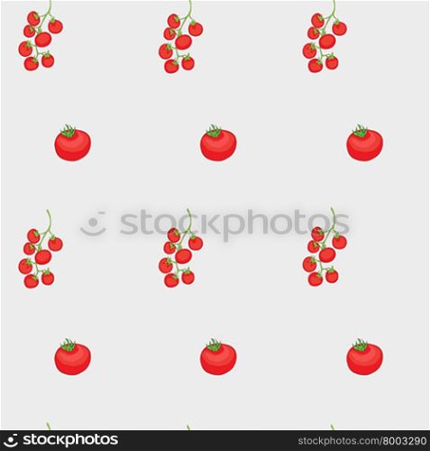 Tomatoes and cherry tomatoes seamless pattern, cartoon illustrations over a light grey background