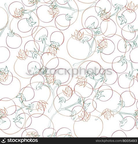 Tomatoes and cherry tomatoes seamless pattern, contour drawing illustration of supersposed elements over white