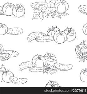Tomatoes and cucumbers. Hand drawn vegetables on white background. Vector seamless pattern.. Tomatoes and cucumbers. Vector seamless pattern.