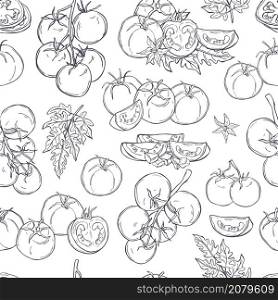 Tomatoes. Hand drawn vegetables on white background. Vector seamless pattern.. Hand drawn tomatoes. Vector pattern