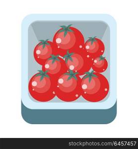 Tomatoes in tray vector in flat style design. Grocery store assortment, foods for diet, fresh fruits concept. Illustration for icons, signboards, ad, infographics design. Isolated on white.. Tomatoes in Tray Flat Design Illustration.