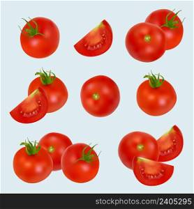 Tomatoes realistic. Healthy organic vegetables products closeup tomatoes red plants from villages decent vector illustrations set. Tomato natural vegetable, freshness ripe and organic. Tomatoes realistic. Healthy organic vegetables products closeup tomatoes red plants from villages decent vector illustrations set