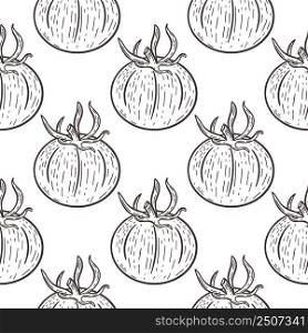 Tomatoes seamless vintage pattern vector illustration. Symmetrical repeating background with vegetables. Sketch tomatoes model. Template healthy organic food hand engraving. Tomatoes seamless vintage pattern vector illustration