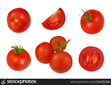 Tomatoes set. Organic closeup healthy plants red vegetables decent vector realistic food set isolated. Tomato vegetable ripe, organic food for healthy. Tomatoes set. Organic closeup healthy plants red vegetables decent vector realistic food set isolated
