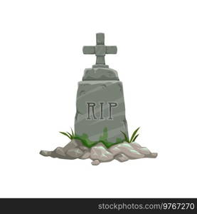 Tombstone and cross icon, grave and grass. Vector Halloween isolated object, cemetery RIP. Grave icon, tombstone and cross, Halloween