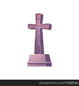 Tombstone and cross icon, grave stone Halloween symbol isolated cartoon cemetery and graveyard sign. Vector headstone, mooring marker, mystery buried place. Burial tombstone with cross, funeral grief. Grave icon, tombstone and cross, granite headstone