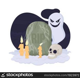 Tombstone spooky decor for Halloween 2D vector isolated illustration. Fall season creepy holiday decoration. Gravestone with ghost. Gothic flat scene on cartoon background. Spooky colourful scene. Tombstone spooky decor for Halloween 2D vector isolated illustration