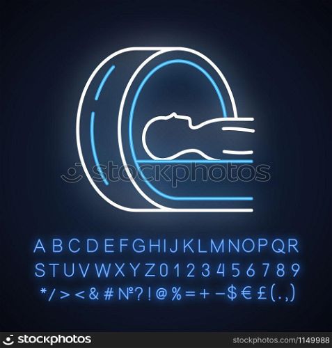 Tomography neon light icon. Brain scan. Cancer tumor check. Disease examination. Medical procedure. Health evaluation. Glowing sign with alphabet, numbers and symbols. Vector isolated illustration