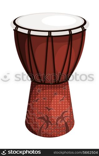 Tomtom drum brown style tribal with palm trees and birds. Isolated on white background. Vector illustration.