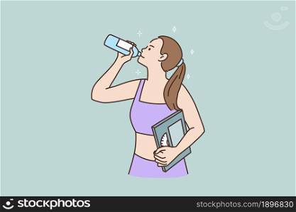 Toned millennial girl hold weight scales drink water from bottle follow healthy lifestyle. Young woman take care of body weight, keep water balance. Sport, diet concept. Vector illustration. . Toned sporty woman with weight scales drink water