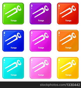 Tongs icons set 9 color collection isolated on white for any design. Tongs icons set 9 color collection