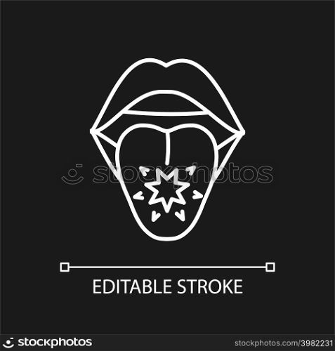 Tongue cancer white linear icon for dark theme. Malignant tumors and sores. Abnormal cells growth. Thin line illustration. Isolated symbol for night mode. Editable stroke. Arial font used. Tongue cancer white linear icon for dark theme