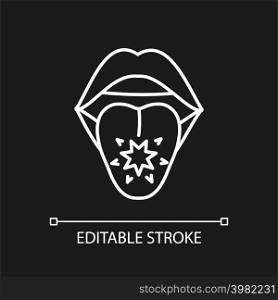 Tongue cancer white linear icon for dark theme. Malignant tumors and sores. Abnormal cells growth. Thin line illustration. Isolated symbol for night mode. Editable stroke. Arial font used. Tongue cancer white linear icon for dark theme