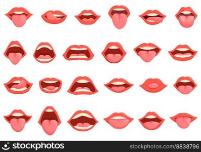 Tongue icons set cartoon vector. Mouth lip. Sexy tongue. Tongue icons set cartoon vector. Mouth lip