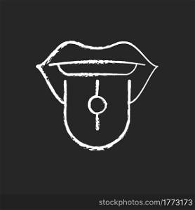 Tongue piercing chalk white icon on dark background. Beautiful jewellery in human mouth. Metal parts injected in human body. Nice looking piercing. Isolated vector chalkboard illustration on black. Tongue piercing chalk white icon on dark background