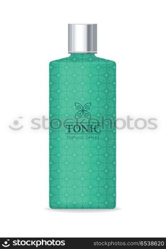 Tonic Natural Series. Tonic natural series. Green plastic tube for cosmetics on white background. Product for body care, beauty, health, freshness, youth, hygiene. Cream and lotion product. Realistic vector illustration.
