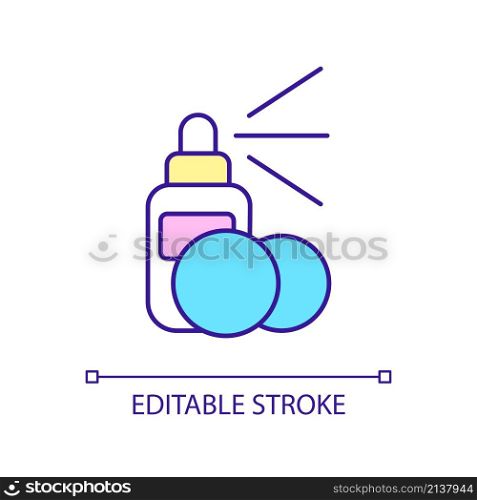 Toning skincare product RGB color icon. Spray bottle and cotton pads. Beauty routine step. Isolated vector illustration. Simple filled line drawing. Editable stroke. Arial font used. Toning skincare product RGB color icon