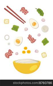 Tonkotsu asian ramen soup ingredients falling into a bowl of noodles. Perfect for tee, stickers, menu and stationery. Vector illustration for decor and design.
