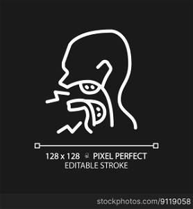 Tonsillitis cancer pixel perfect white linear icon for dark theme. Inflammatory process in throat. Viral infection. Thin line illustration. Contour symbol. Vector outline drawing. Editable stroke. Tonsillitis cancer pixel perfect white linear icon for dark theme