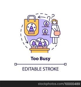 Too busy concept icon. Person buying unnecessary things idea thin line illustration. Clutter personality types and categories. Vector isolated outline RGB color drawing. Editable stroke. Too busy concept icon