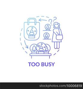 Too busy person blue gradient concept icon. People purchsing unnecessary things idea thin line illustration. Clutter personality types. Holiday. Vector isolated outline RGB color drawing. Too busy person blue gradient concept icon
