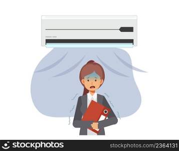 too Cold air concept.Businesswoman feeling cold due to too cold air from air conditioner.Flat vector cartoon character illustration. 