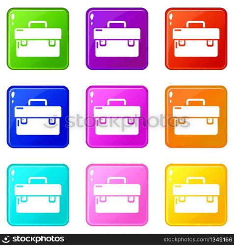 Tool box icons set 9 color collection isolated on white for any design. Tool box icons set 9 color collection