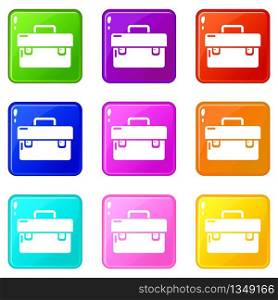 Tool box icons set 9 color collection isolated on white for any design. Tool box icons set 9 color collection