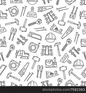 Tool pattern, construction hardware and repair instruments. Vector seamless background of renovation and building tools, hammer, paintbrush, ruler and carpentry saw, drill and screwdriver pattern. Construction work tools seamless pattern