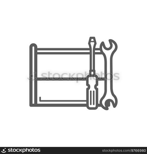 Tool rack with wrench and spanner isolated outline icon. Vector repair, fixing and maintenance instruments, linear building tools. Screwdriver and manual wrench, toolkit instruments. Wrench and spanner tool rack isolated outline icon