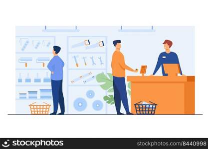 Tool shop customers. Men choosing instrument at showcase for painting or carpentry work, paying at checkout counter, consulting salesman. Vector illustration for hardware store, house repair concept