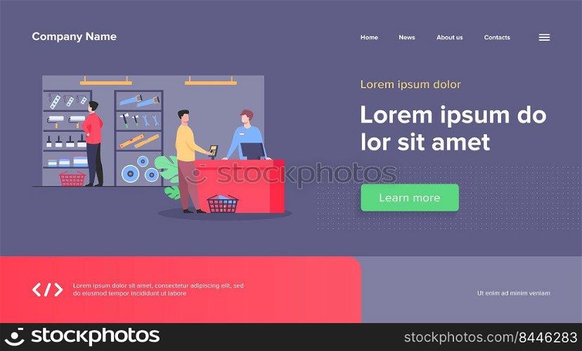 Tool shop customers. Men choosing instrument at showcase for painting or carpentry work, paying at checkout counter, consulting salesman. Vector illustration for hardware store, house repair concept