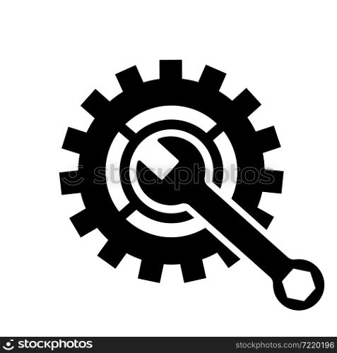 Tool with cog. Icon of wrench on cogwheel. Symbol of repair, service and workshop. Spanner for machine, business and web. Logo of gear for technology, hardware and website. Vector.. Tool with cog. Icon of wrench on cogwheel. Symbol of repair, service and workshop. Spanner for machine, business and web. Logo of gear for technology, hardware and website. Vector